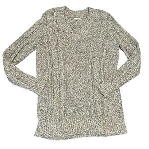 LL Bean Signature Blue and Cream V-neck chunky cable knit fisherman sweater